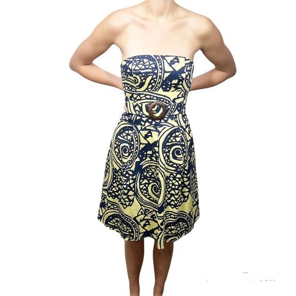 Kay Unger Women's Size 12 NWT  Yellow Blue Pattern Strapless Retro Mini Dress - Picture 3 of 13